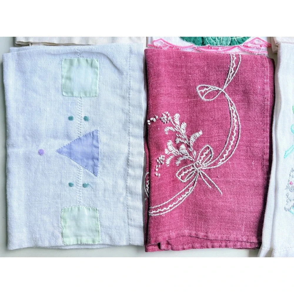Vintage Hand Embroidered Tea Guest Towel Lot 12pc Floral Cat Scalloped Linen L2